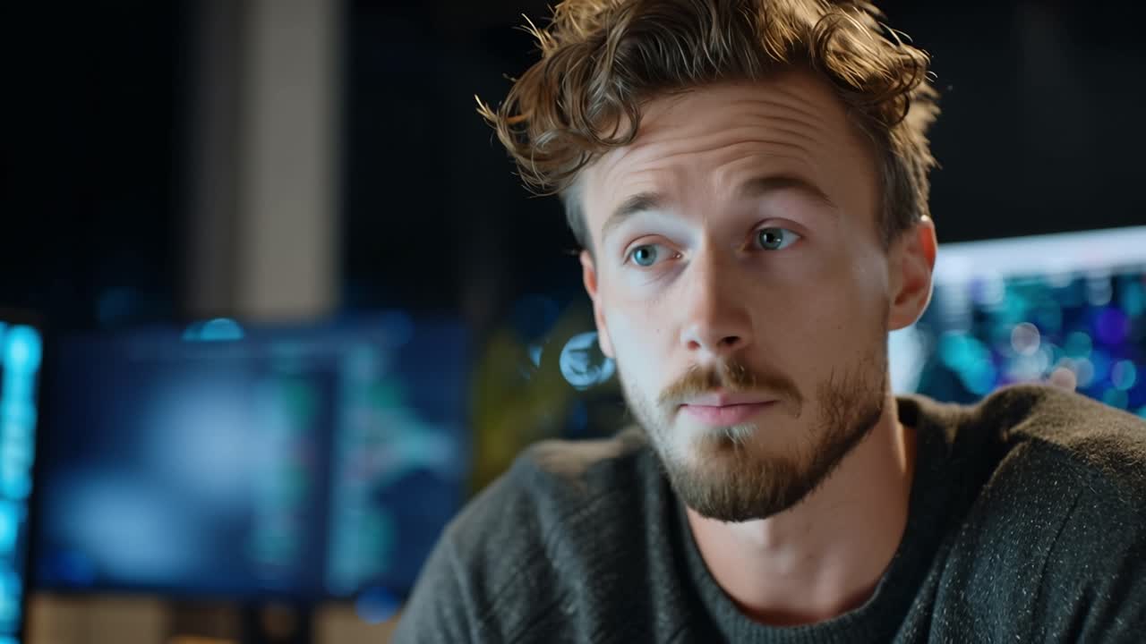 Focused Individual Engaged in Digital Work, Contemplating Data Analysis, Surrounded by Technology and Monitors in a Modern Workspace Environment