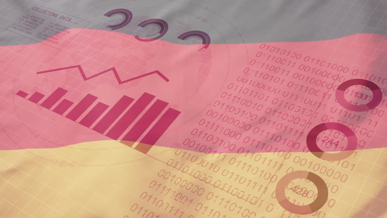 Animazione di raccolta dati e codifica binaria su sfondo con bandiera tedesca