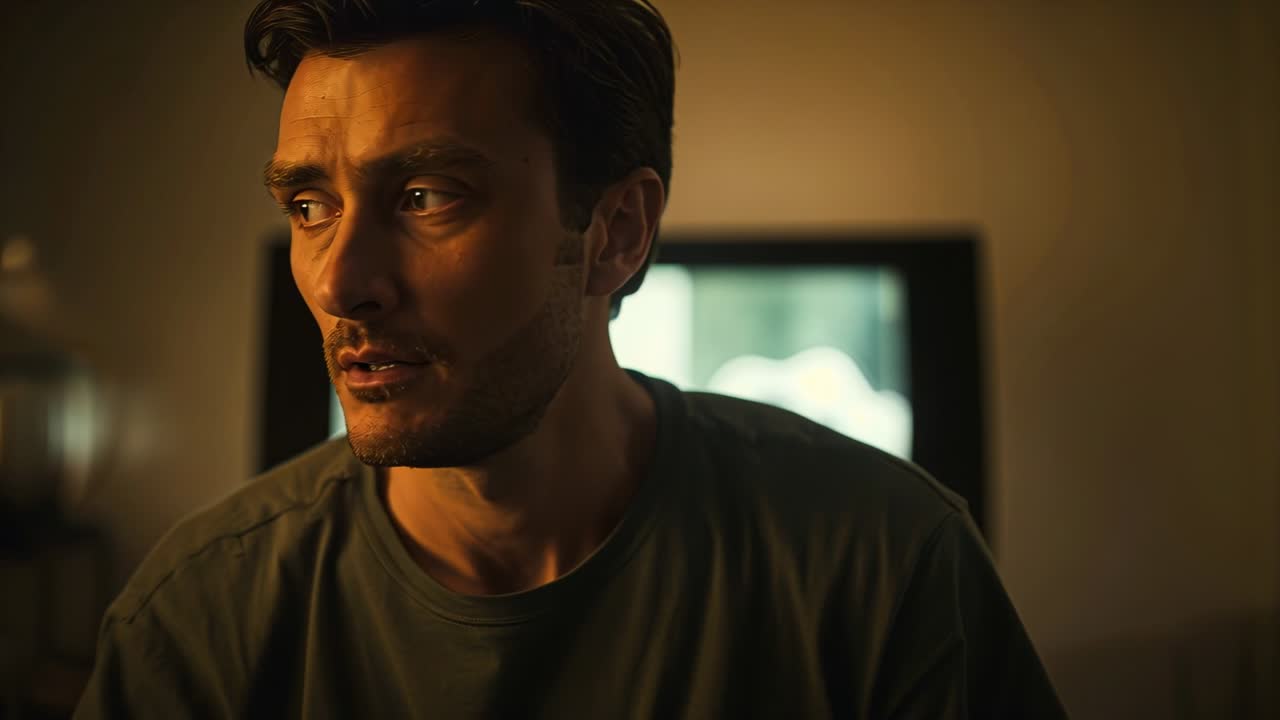 Reacting to bright monitor, man in dark t-shirt turning head and torso right in living room