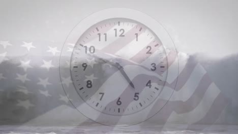 animation of clock ticking over flag of usa