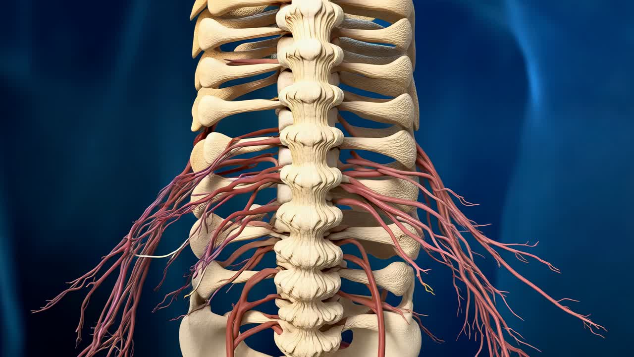 Telecamera rotante che rivela la parte inferiore della colonna vertebrale in 3D su sfondo blu, con zoom in avanti per mostrare noduli rossi a scopo didattico