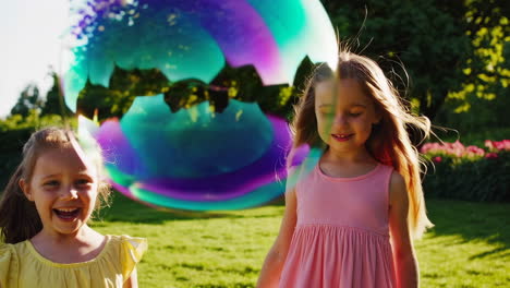 happy girls playing with a giant bubble in a sunny park