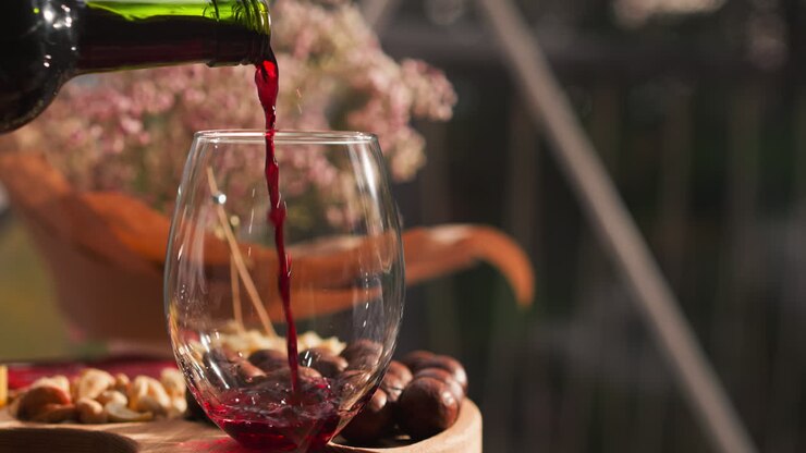 Pouring Red Wine into a Glass with Snacks
