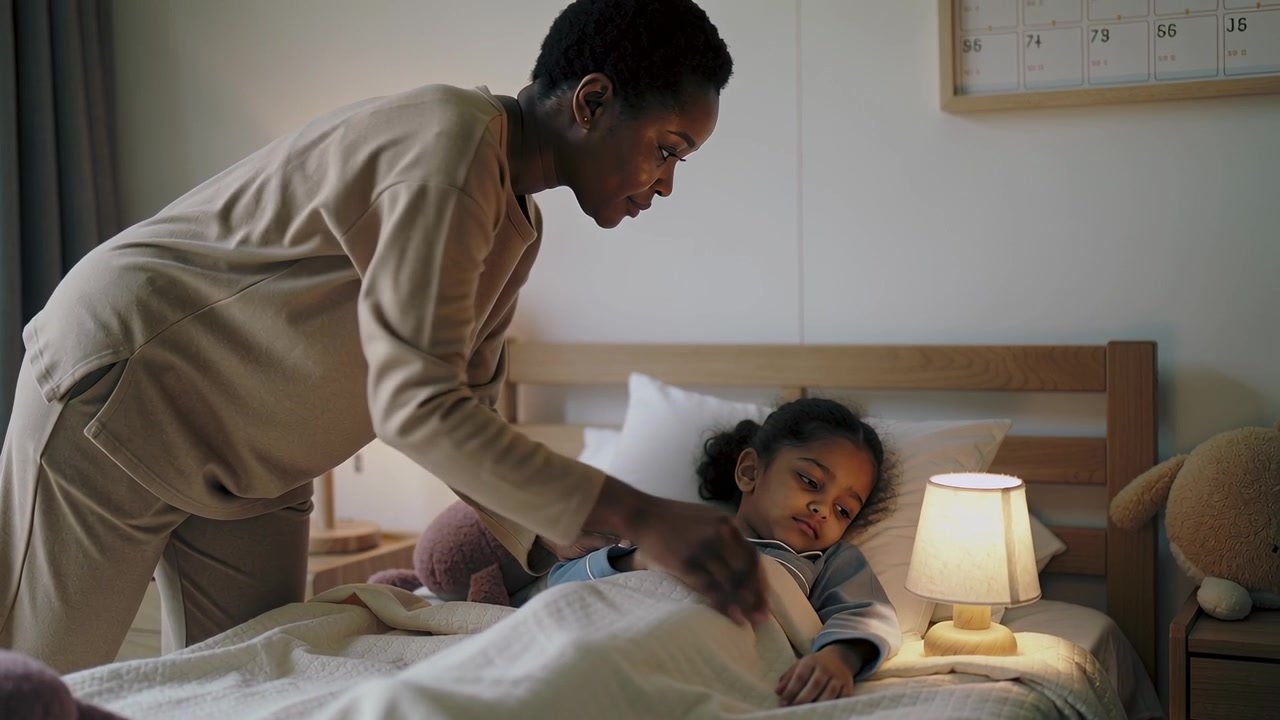 Hearing child opening eyes, mom in beige pajamas leaning at bedside, tucking blanket