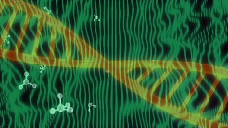 dna strand and molecular structures over green waves, scientific animation