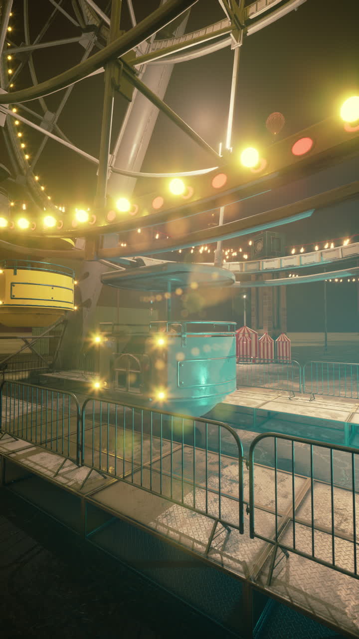 어두워진 후 버려진 공원에서 조명 된 페리스