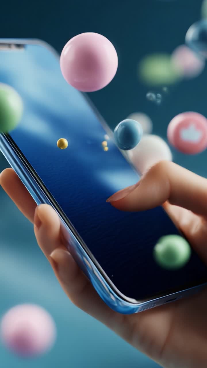 Interazione con uno smartphone circondato da elementi digitali colorati, con una mano che cerca di raggiungere icone e bolle interattive, a simboleggiare la comunicazione moderna e la connettività social
