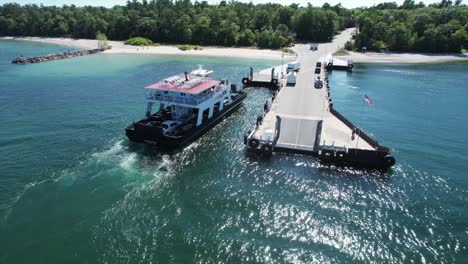 the washington island car ferry approaches the pier at northport, wisconsin located on the far north shore of the door county peninsula located between lake michigan and the bay of green bay