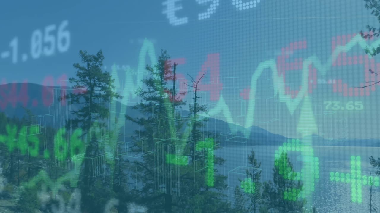 화살표, 그래프 및 상거래 보드의 애니메이션: 하늘에 대한 나무, 산 및 바다의 공중 전망