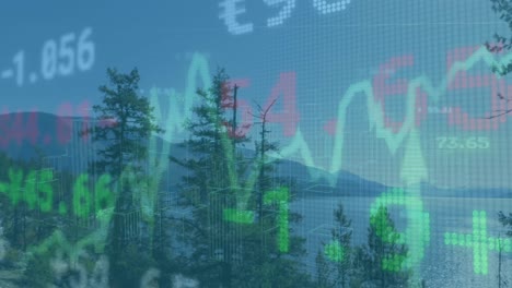 animation of arrow, graphs and trading board over aerial view of trees mountain and sea against sky