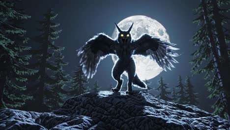 mythical owl-wolf creature in a forest at night