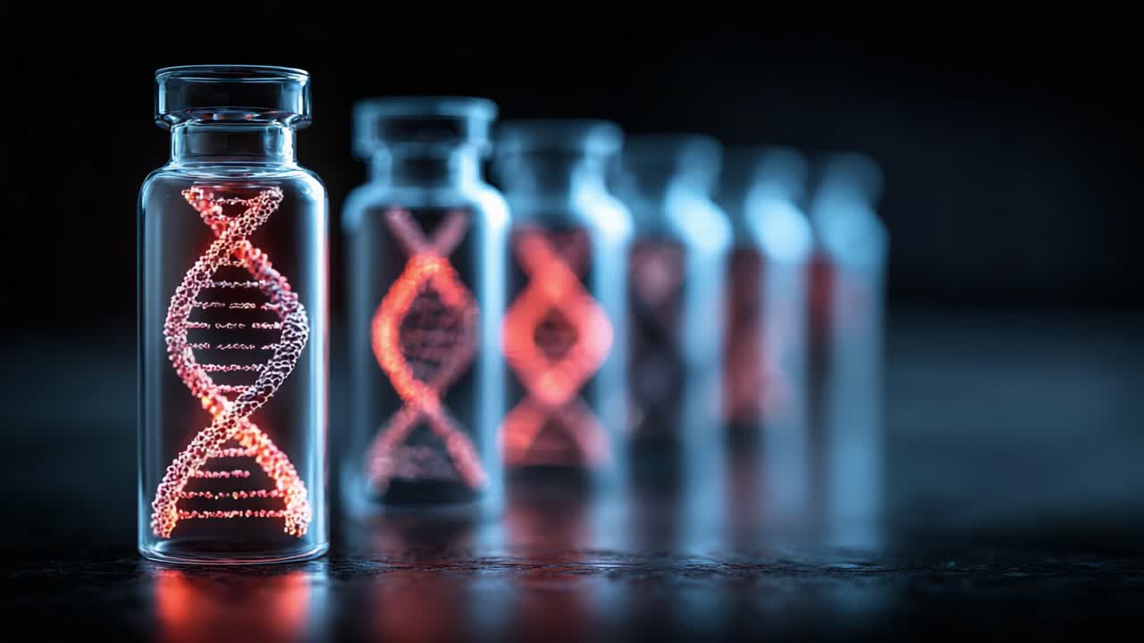 Immagine accattivante di eliche di DNA racchiuse in fiale di vetro, illuminate da un bagliore futuristico, che mette in mostra materiale genetico con un'estetica scientifica sorprendente.
