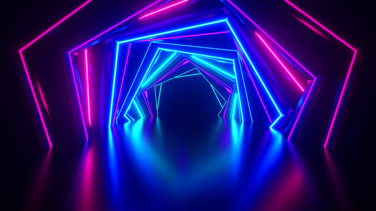 Abstract neon hexagon tunnel technological. Endless swirling animated background. Modern neon light. Bright neon lines sparkle and move forward. Seamless loop 3d render