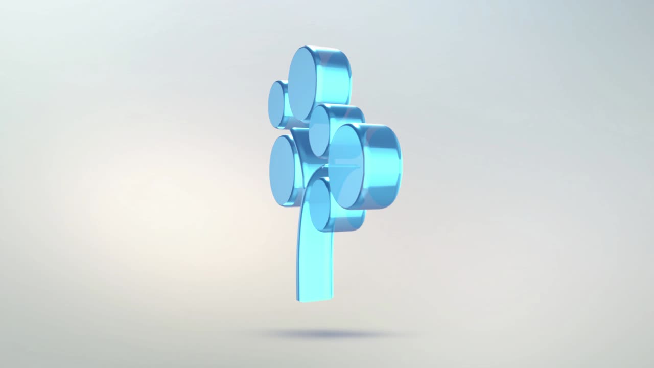 el icono del árbol está hecho de vidrio. icono de madera giratoria transparente con canal alfa de color azul verde. símbolo de bucle sin costuras figura 3d