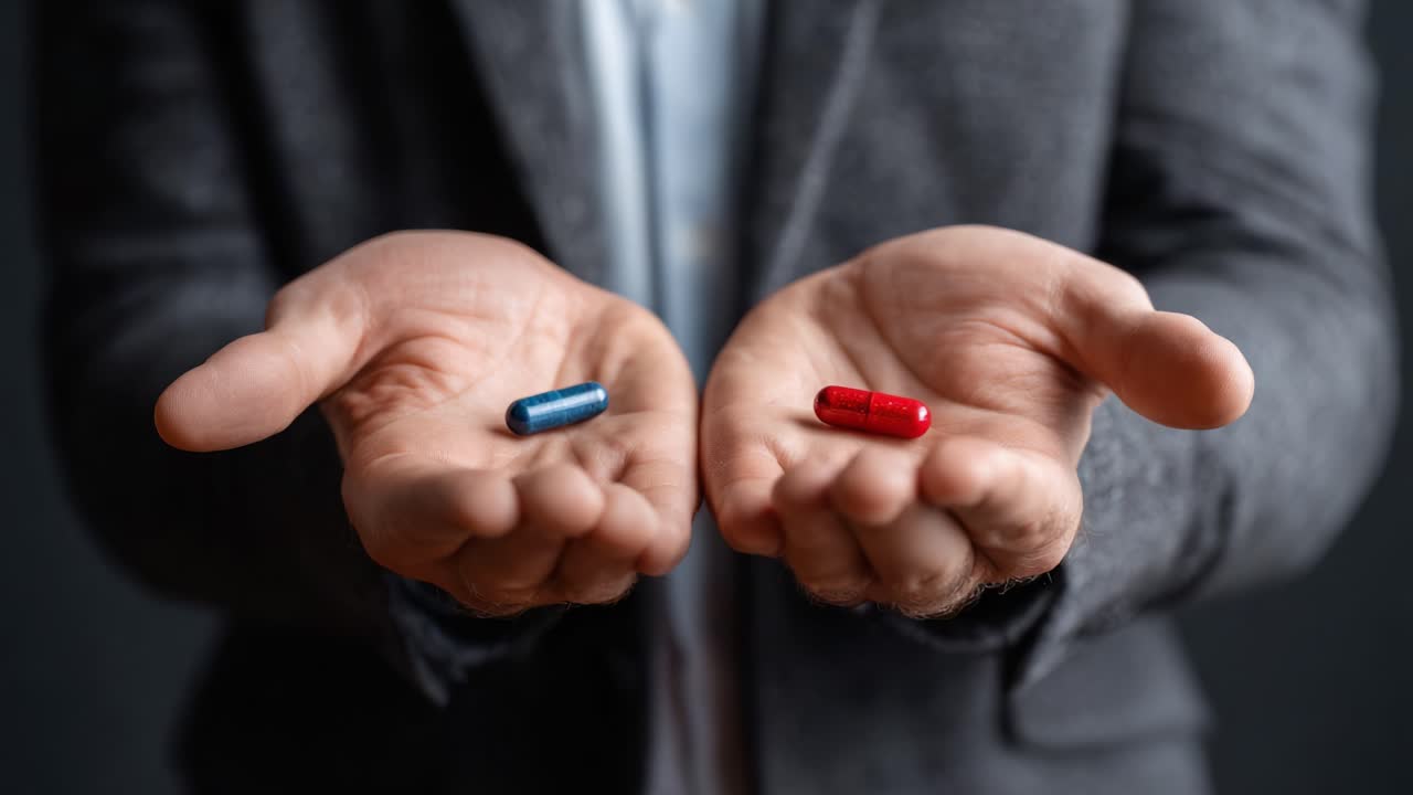 A Thoughtful Decision: Choosing Between Two Paths Symbolized by Red and Blue Capsules in Open Hands, Highlighting Choices and Consequences in Life
