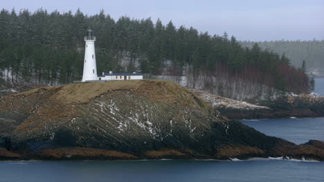 Winter Lighthouse on a Rocky Coastline with Snowy Forest