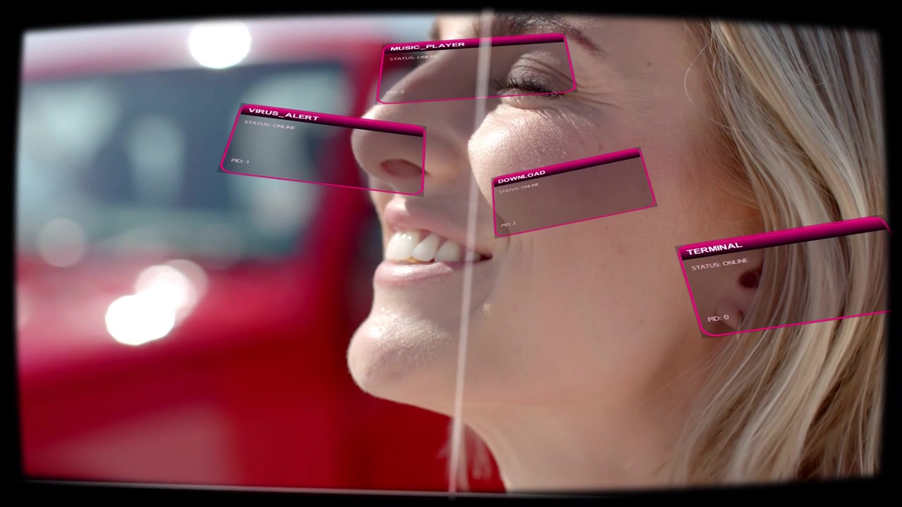 Woman raising hand, sun hitting red car body causing car AR HUD sliding across face, smiling