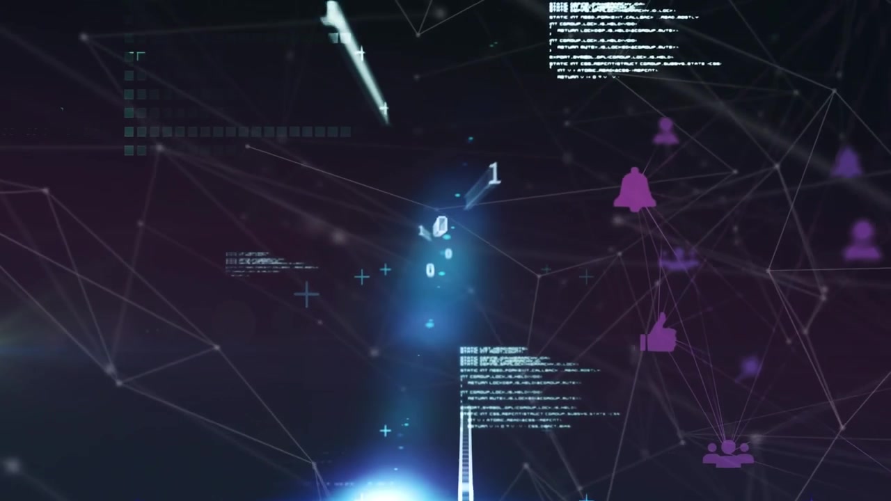Animation of data processing and light spots over network of connections against black background