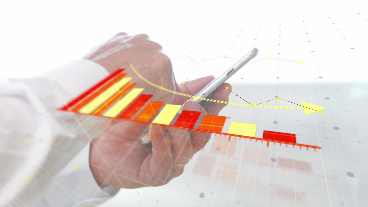 스마트폰을 사용하는 백인 사업가에 대한 빨간색과 노란색 다이어그램의 애니메이션