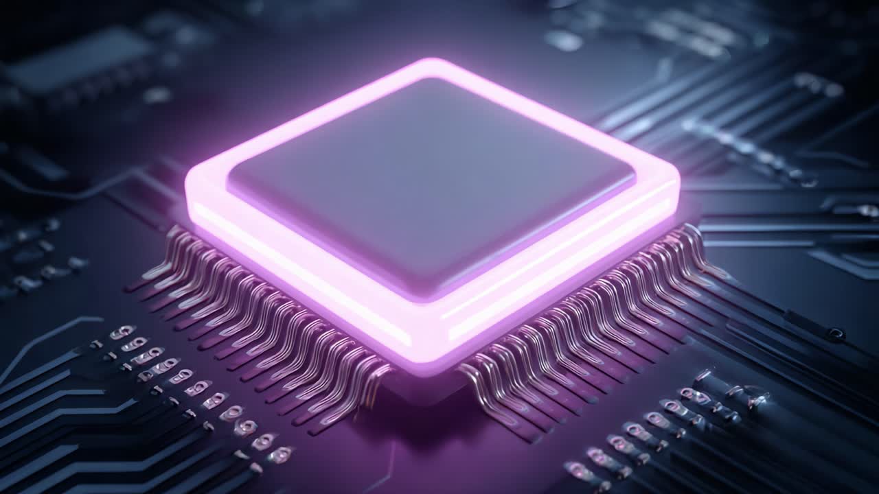 A Close-Up View of a Modern Microprocessor with a Vibrant Neon Glow, Showcasing Advanced Technology and Intricate Circuitry in a High-Tech Environment