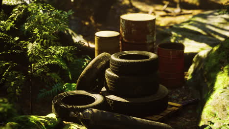 Neumáticos-De-Coche-Desechados-En-El-Bosque