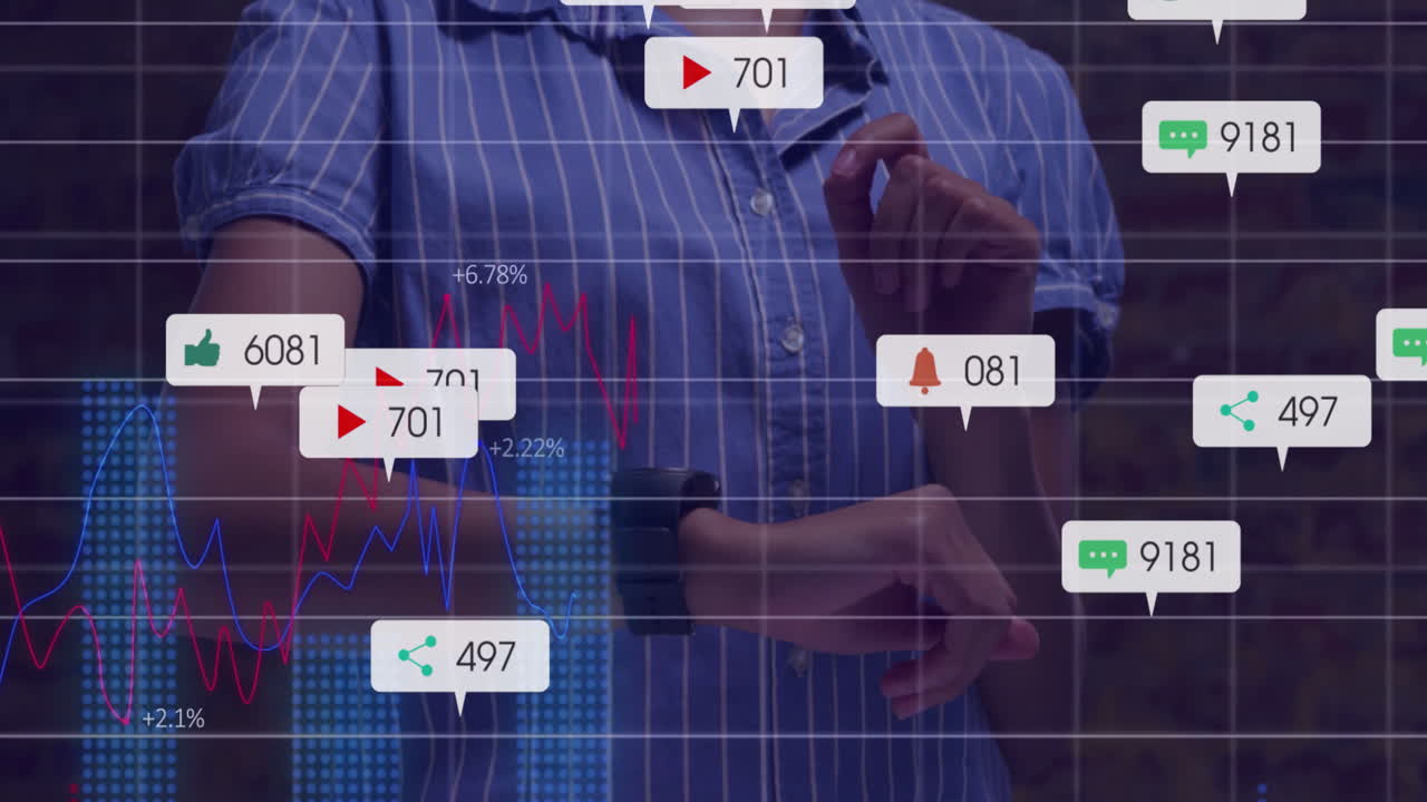 Interacting with smartwatch, person viewing animation of social media notifications