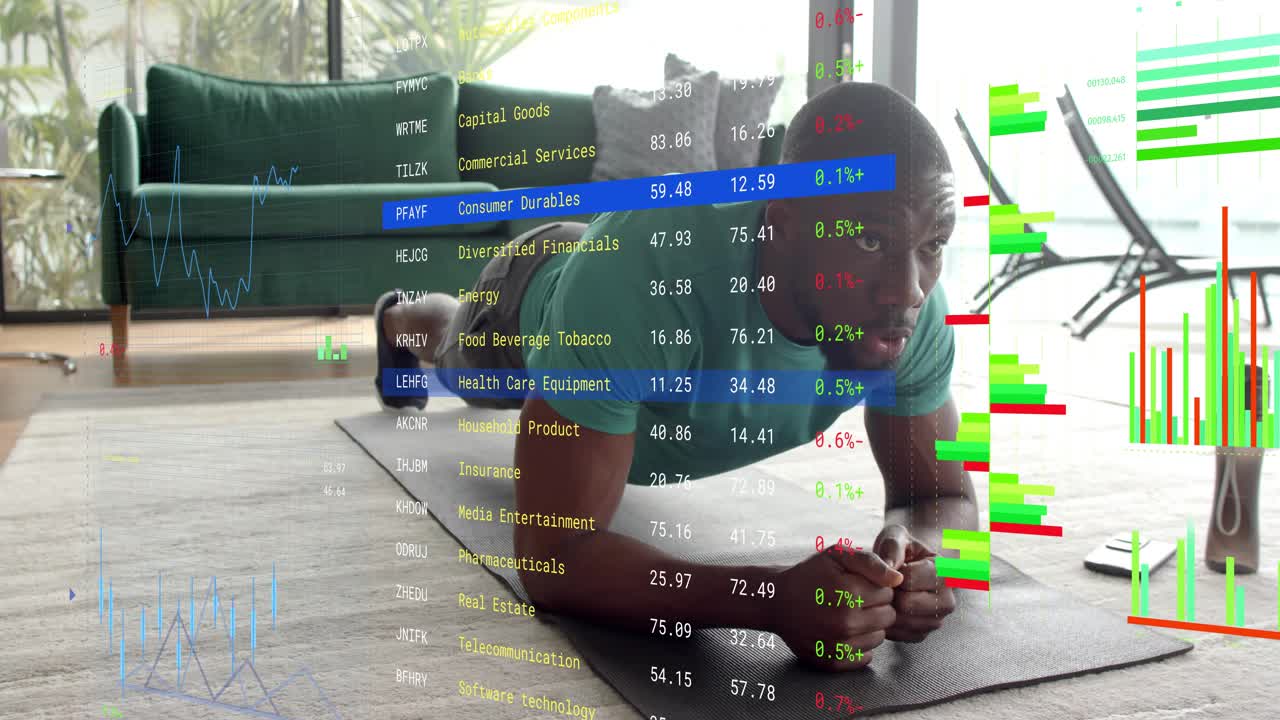 Man holding elbow plank on mat, overlay showing finance charts over him, glancing phone, tracking