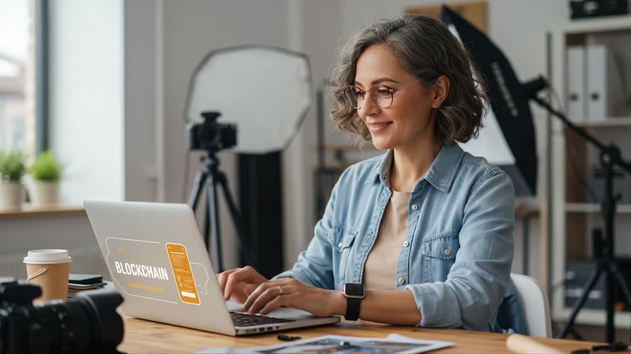 A Professional Woman Engages with Blockchain Technology While Working from a Modern Office Setup Featuring Cameras and Studio Equipment
