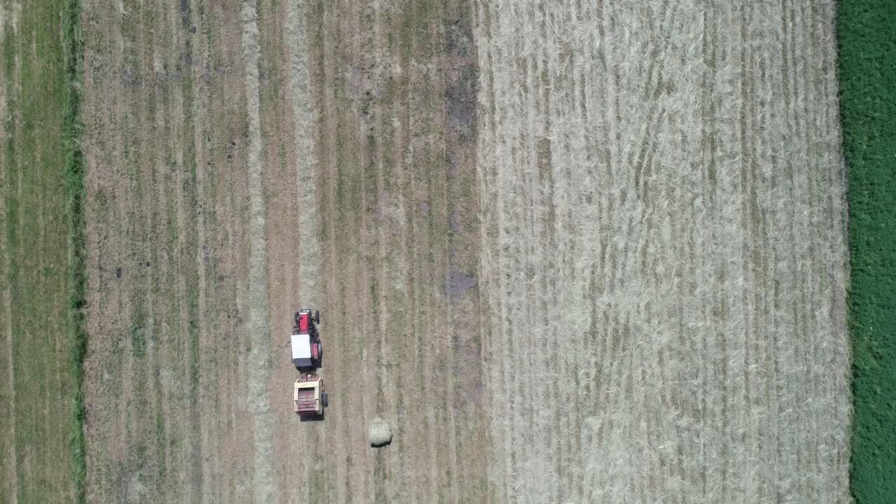 농지에서 트랙터 수확 기계의 공중 하향식, 먹이 사슬 인플레이션 전쟁 개념