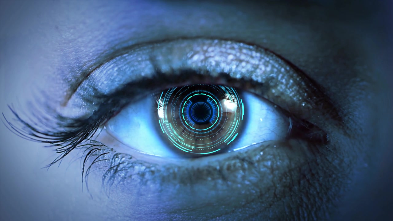 Animazione 4K di interfaccia tecnologica HUD con scansione oculare, animazione in loop di occhio umano blu, uomo e macchina