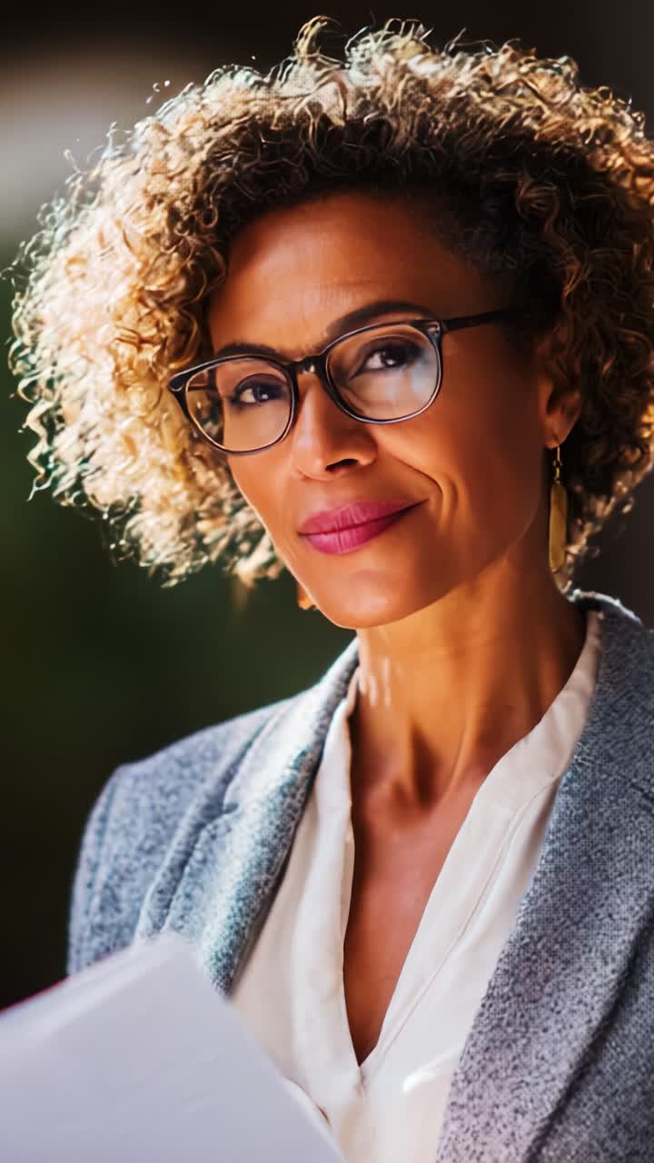 Confident Professional Woman with Curly Hair in Glasses Holding Documents, Exuding Poise and Empowerment in Soft Natural Lighting Environment