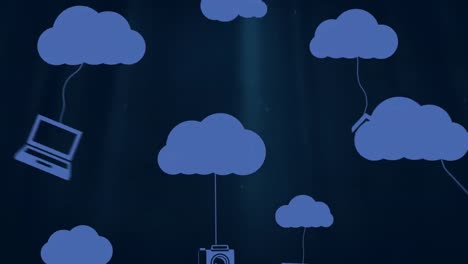 Blue-cloud-moving-with-networks-icons-on-black-background