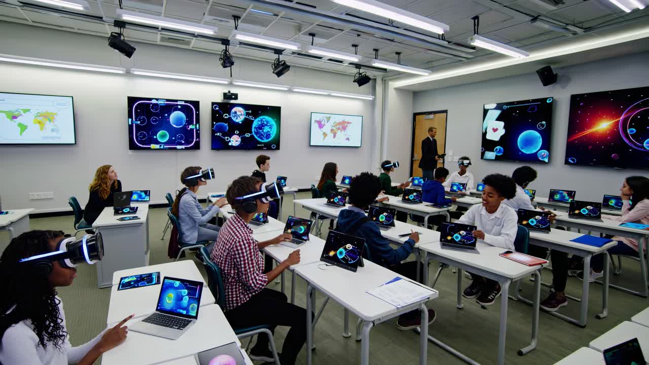 Wide-angle shot of a futuristic classroom with students using VR headsets and tablets