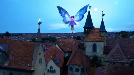 fairy with glowing wings soars above a charming medieval village, illuminating the twilight sky with magic