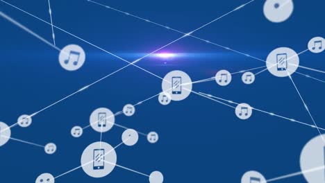 animation of network of connections with icons over light trails on blue background