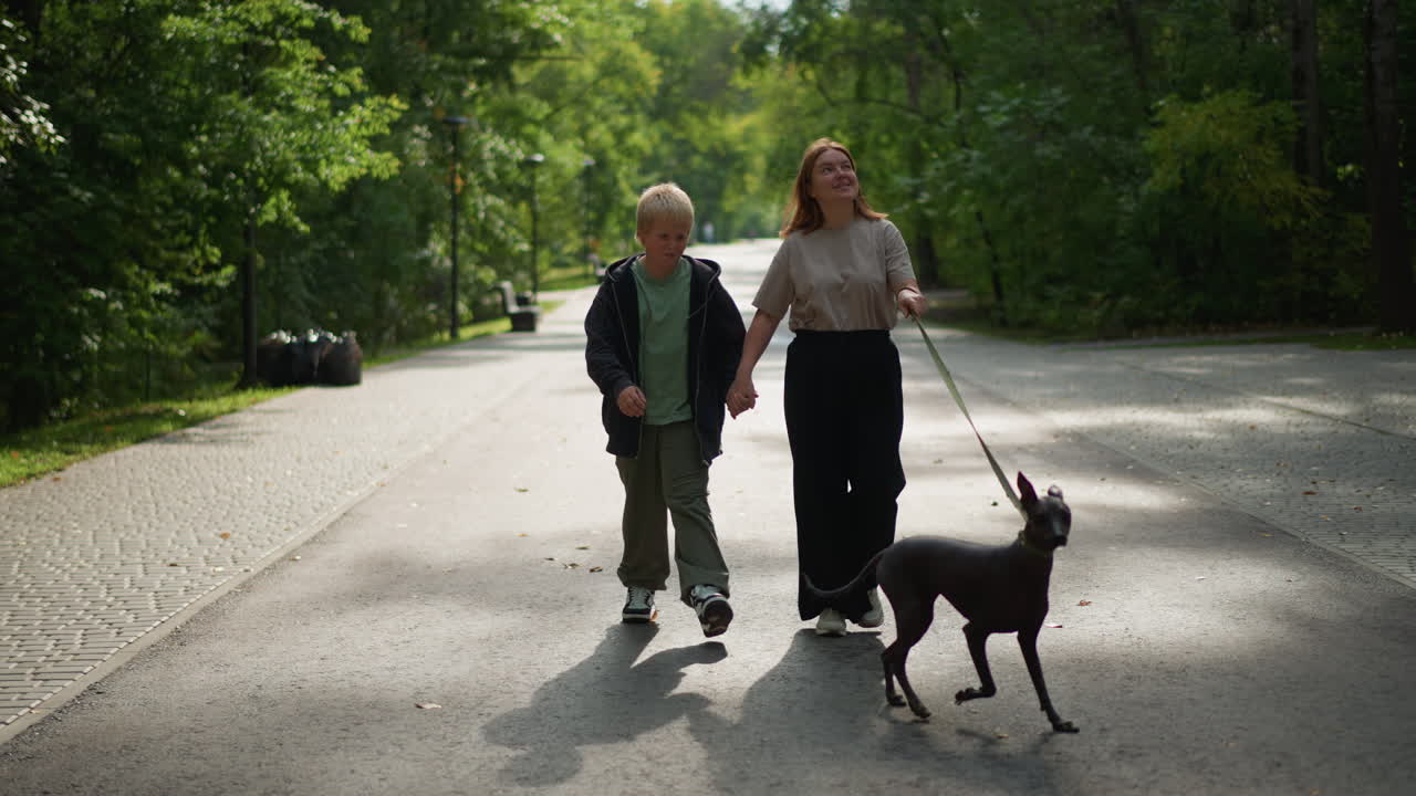 Women And Children Walking Joyful Dogs, Children And Young Women Engaging In Cheerful Dog Walking Activities, Female Adults And Children Happily Strolling With Energetic Dogs On Leashes Outdoors