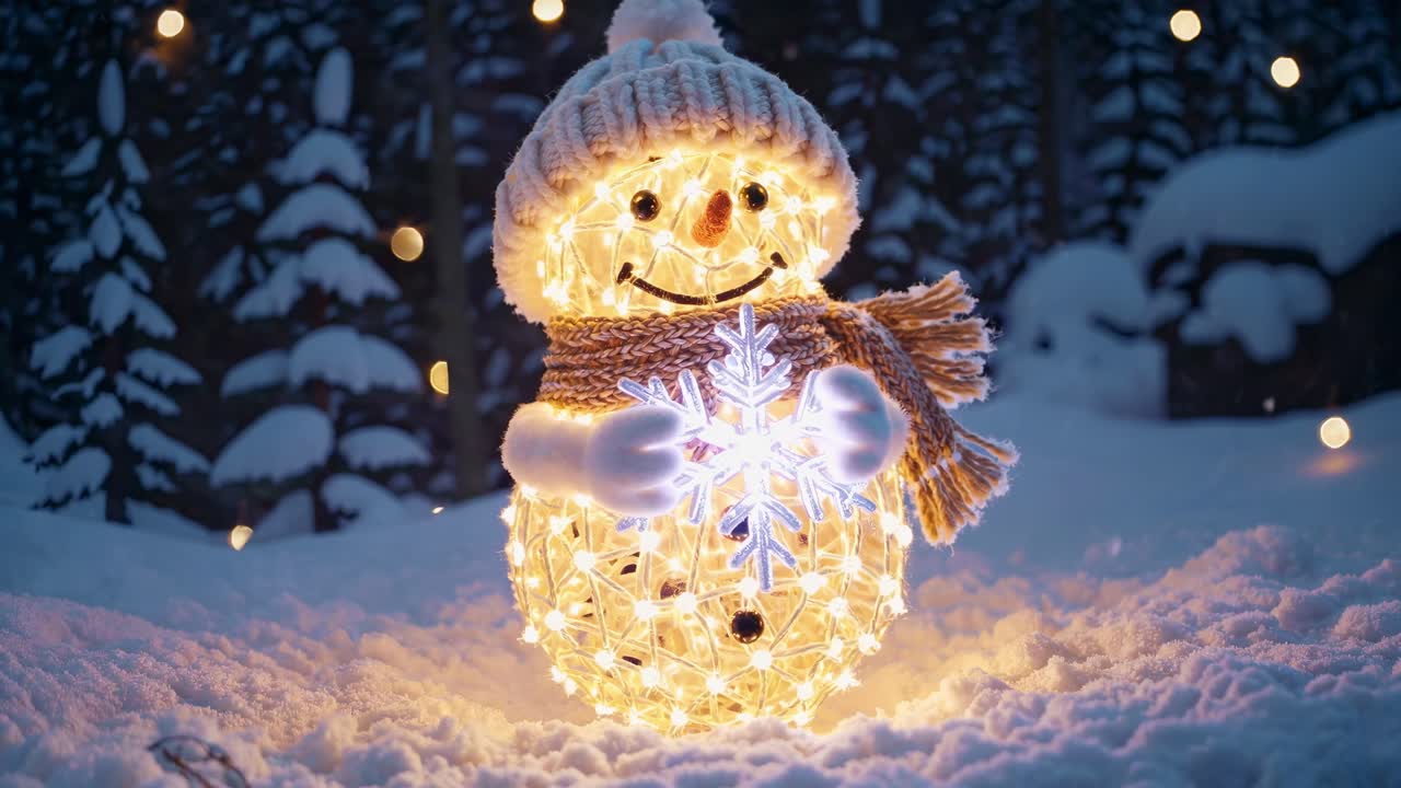 반이는 불빛으로 장식 된 축제 스노우맨은 눈알을 들고 눈으로 인 나무와 부드러운 환경 조명의 배경에 마법의 겨울 장면을 만니다.