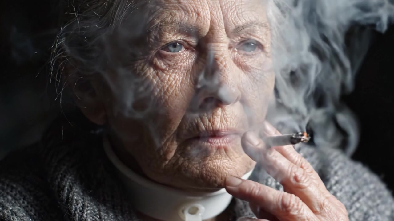 Un retrato introspectivo de una mujer mayor fumando, capturando la profundidad de las experiencias de la vida y el paso del tiempo a través de la textura facial detallada y las expresiones.