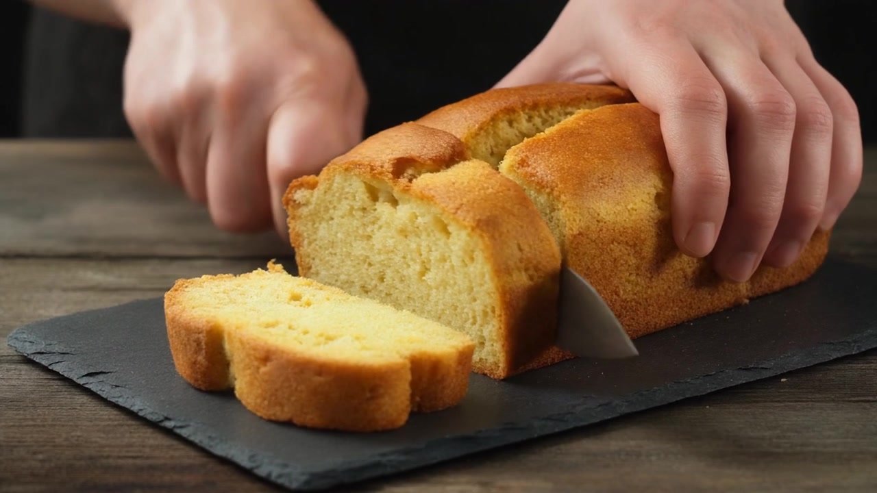 Chef che affetta una torta quattro quarti appena sfornata su un tagliere di ardesia