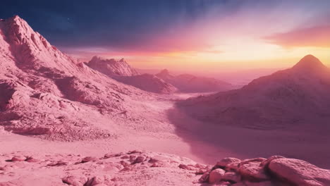 vibrant pink mountains under a celestial sunset sky