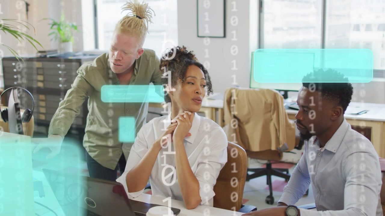 Team reviewing tech screen data, standing man pointing and initiating binary digits, teal UI panels