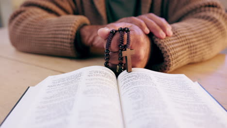 bible, rosary or hands of man praying for worship