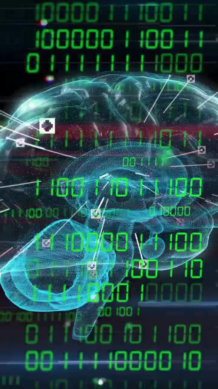 Vertical video: Hologram appearing, 3D brain rotating, pulsing while markers linking to map data