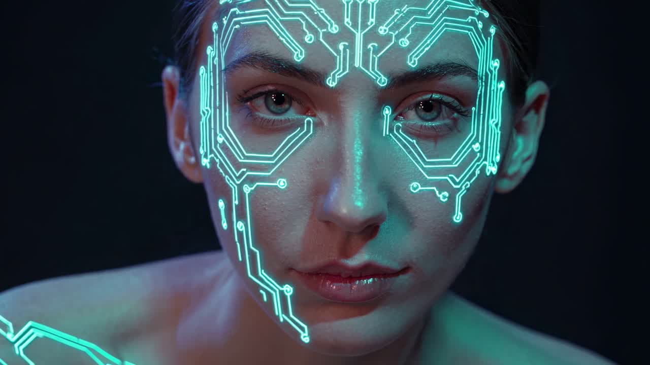 Woman with glowing circuit board face art