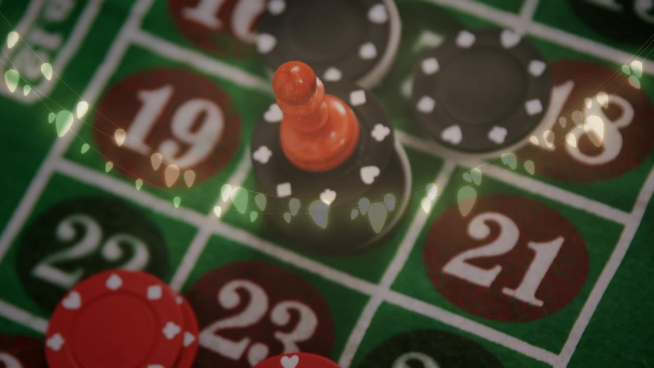 Animazione di lucine scintillanti su dadi rossi sopra una pila di fiches da poker da casinò