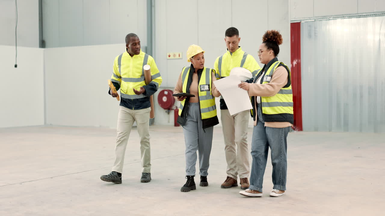 Construction, blueprint and people on tablet