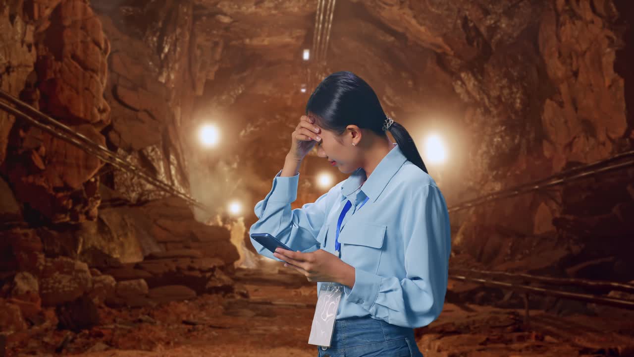 Side View Of Asian Female With Her Smartphone In Underground Mine Tunnel, Checking With Dissapionted And Nodding Her Shead