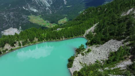 birdseye view of lake lagazzuolo in valmalenco valley of valtellina in summer season in italy