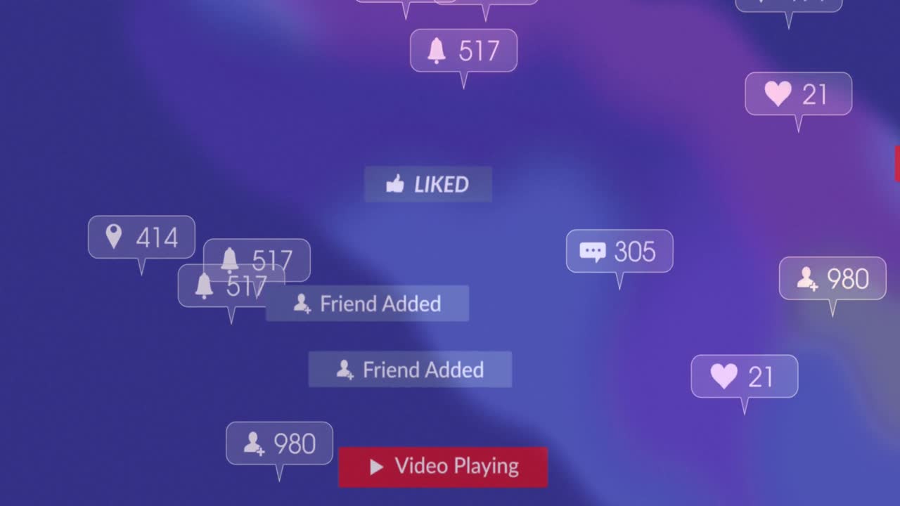 Animation of social media and icons on banners over purple background