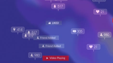animación de las redes sociales e iconos en banners sobre fondo púrpura